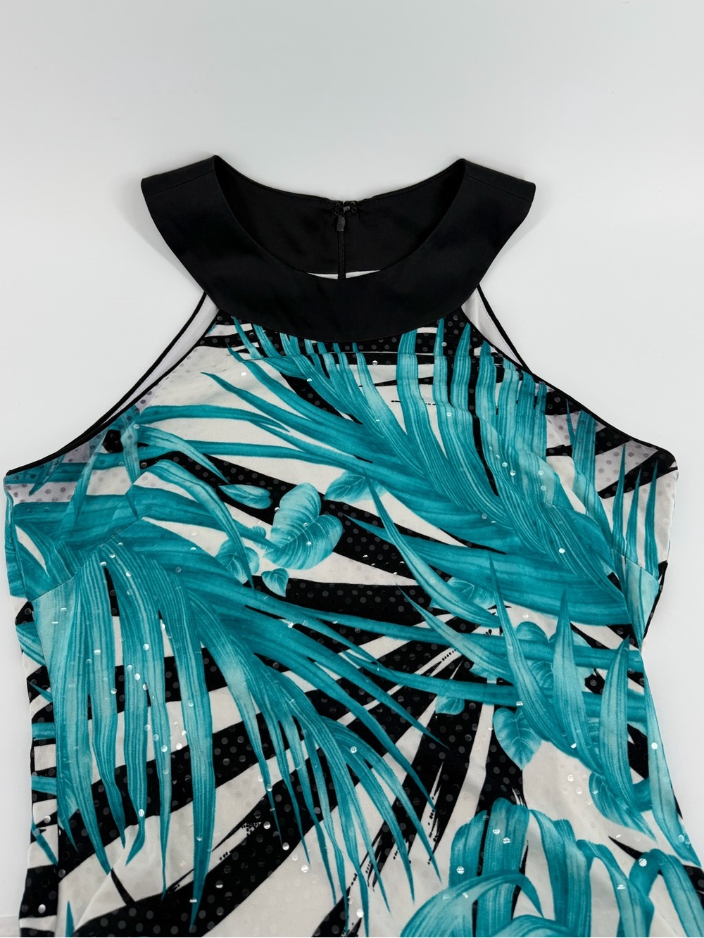 Cache Teal Black White Tropical Print Clear Sequin Sleeveless Dress, Women's 8 - Picture 3 of 9